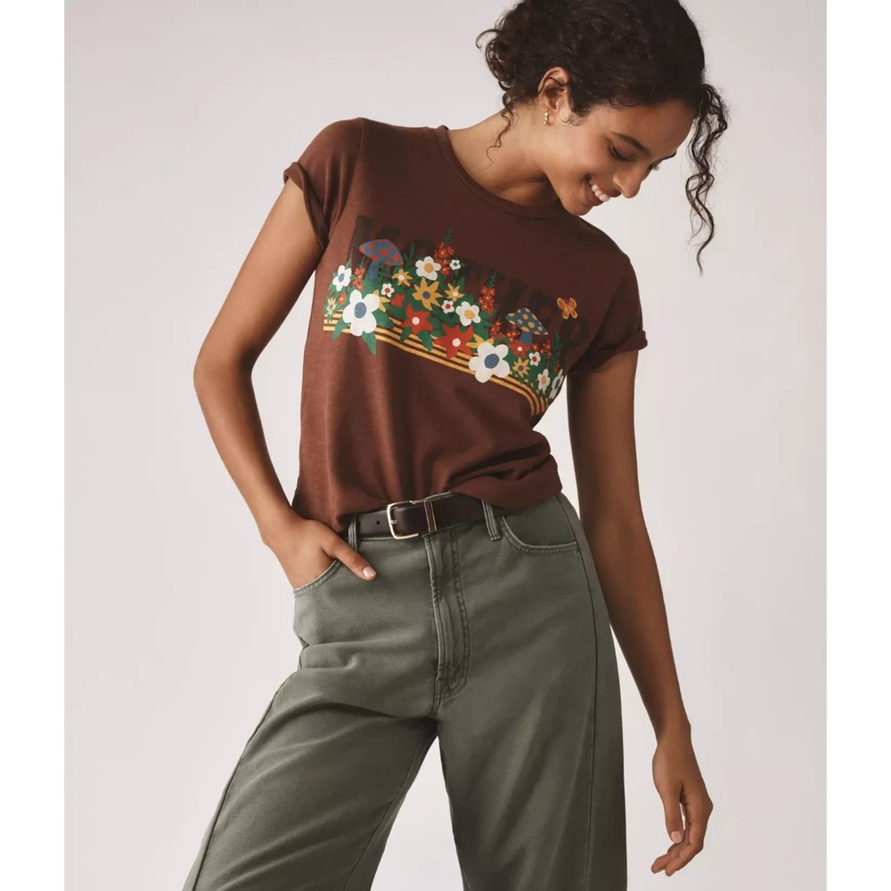 MOTHER The Lil Sinful Meadow Floral Short Sleeve Tee In Brown Women's Size S